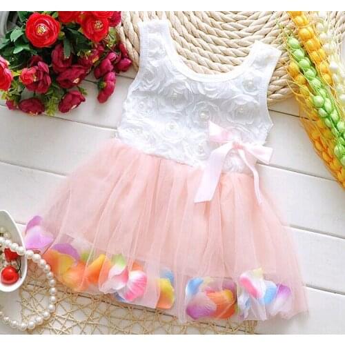 New Summer Girls Beautiful Super Fairy Flowers Petals Color Dress Hem Children babys Clothing For 0-2y Girls