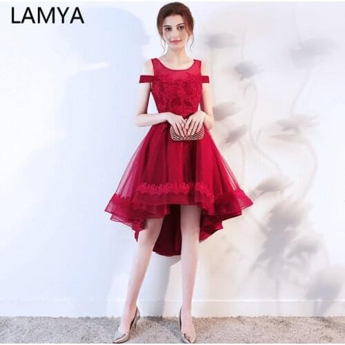 LAMYA Elegant Boat Neck Prom Dresses Short Front Back Long Tail Banquet Evening Dress 2021 Lace Formal Gown Party Gown For Women
