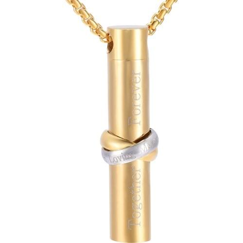 JJ001 Gold Cylinder Urn Necklace - Together Forever Stainless Steel Cremation Keepsake Jewelry For Women Men Memorial Pendant