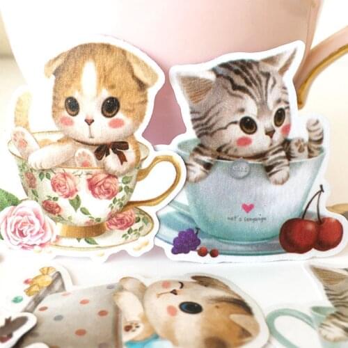 Cartoon kawaii teacup cat stickers DIY scrapbooking journal album happy planner crafts decorative stickers