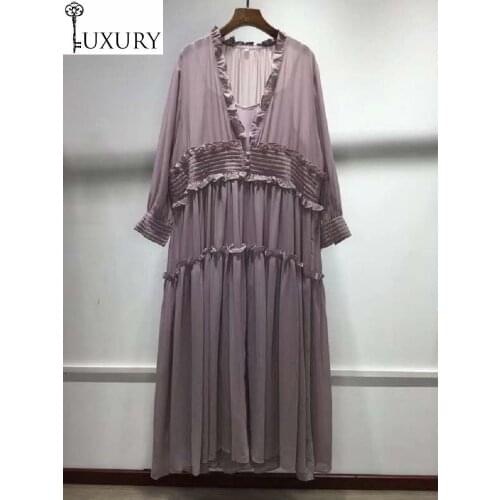 2020 Autumn Designer Purple Fashion Women Sexy V-Neck Ruffles Flower Deco Long Sleeve Casual Loose Dress Vestidos