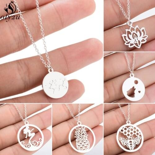 Fashion Stainless Steel Flower Lotus Shape Yoga Pendant Necklaces for Women Punk Map Wolf Bee Necklace Jewelry Choker Ketting