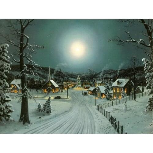 Christmas Village Cottage Tree Snow Full Moon Road background High quality Computer print party backdrop
