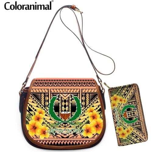 Coloranimal Tribal Pohnpei Polynesian Hibiscus Design Girls Shoulder Bag PU Leather Women Crossbody Bag 2Set Messenger Bolso