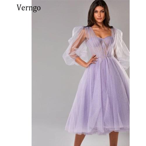 Verngo 2021 Lavender Tulle Two Pieces Evening Dress Sparkly Coat Long Sleeves Off Shoulder Corset Tea Length Party Prom Dress