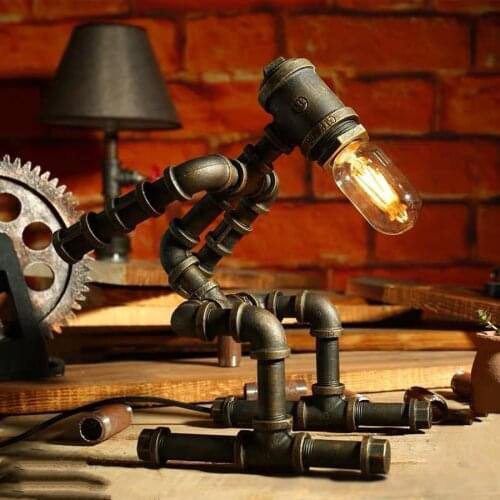 Robot Table Lamp Vintage Loft Iron Pipe Desk Lamp Industrial Led Table Lamps for Bedside Cafe Indoor Retro Decor Light Fixtures