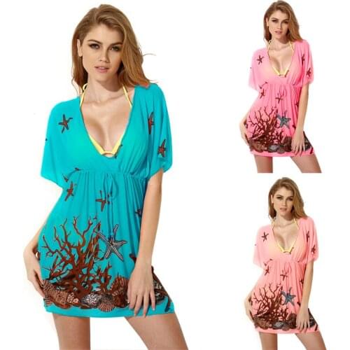 Colloyes Hot Sexy Women Cover Up Swimsuit V Neck Beachwear Summer Beach Dress Kaftan Color Rose Orange Blue Starfish Coral Print