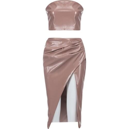 2021 New Arrival Summer Two Pieces Sets Women Clothing PU Sexy Sleeveless Tops & Skirts Celebrity Club Party 2 Pieces Sets