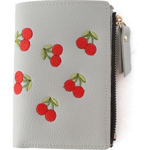 Womens Vertical Clasp Cherry Embroidered Short Fashion Clip 2021 New Students Simple Fashion Wallet