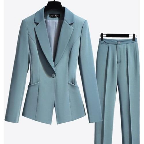 New 2021 Spring Autumn Womens Office Ladies Suits Notched Two Piece Sets Female Single Button Blazer Elegant Long Pant Suit