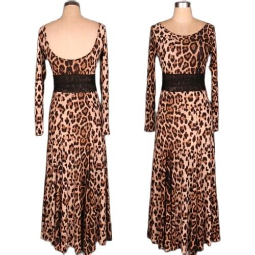 New Leopard Ballroom Dress Women Flamenco Dress Backless Practice Wear Long Sleeve Tango Dance Outfits Waltz Dancewear JL2650