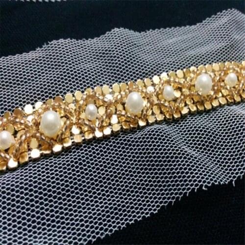 Gold Beaded Lace White Pearl Trims Diy Handmade Wedding Dress Clothes Accessory Decoration Lace Fabric Ribbons