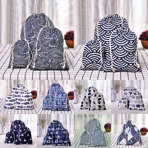 1pcs Blue Geometric Drawstring Cotton Linen Storage Bag Christmas Gift Candy Jewelry Organizer Cosmetic Coins keys Bags 49284