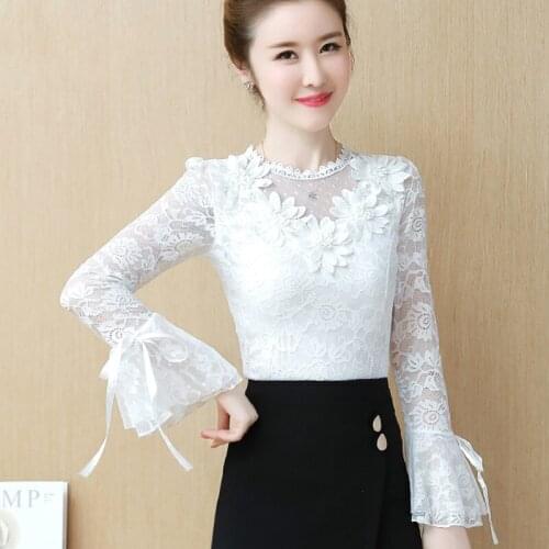 2018 Outono Mulheres elegantes Tops de renda Patchwork Coreano Oco out Crochet camisa de manga longa blusa de renda Branca