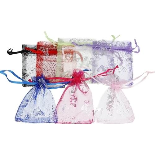 25pcs/lot 7x9/9x12cm Net Butterfly Wedding Sugar Packaging Drawstring Organza Jewelry Pouch Christmas Gift Bags