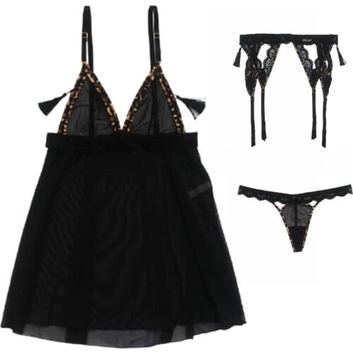 Women Lingerie Lace Strap Chemise V Neck Sleepwear and Suspender and Lace G-String Panties 3 Pcs