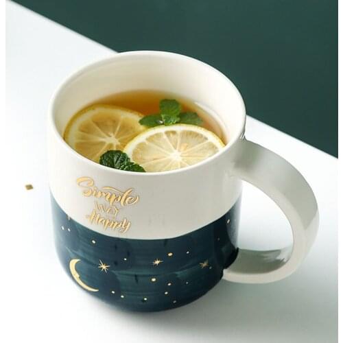 400ml Ceramic Romantic Satr Moon Coffee Mug with Lid Spoon Nordic Starry Sky Hand Painted Milk Juice Tea Cup Drinkware