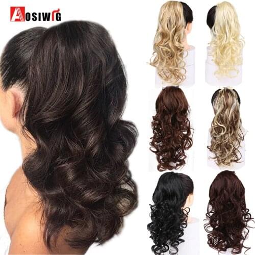 AOSIWIG Synthetic Long Wavy Ponytail Ribbon Drawstring Wrap Around Hair Tail Extension Natural Fake Hairpieces for Women