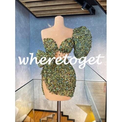 Glitter Green Sequins Short African Women Prom Dresses Plus Size Knee Length Custom Made Formal Evening Occasion Gowns Robe