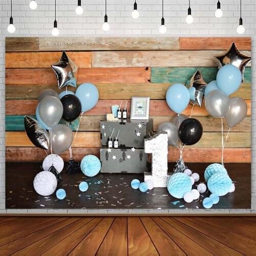 Boy 1st Happy Birthday Party Backdrop Cake Smash Blue Star Balloon Wood Board Photography Background Photostudio Photozone Props