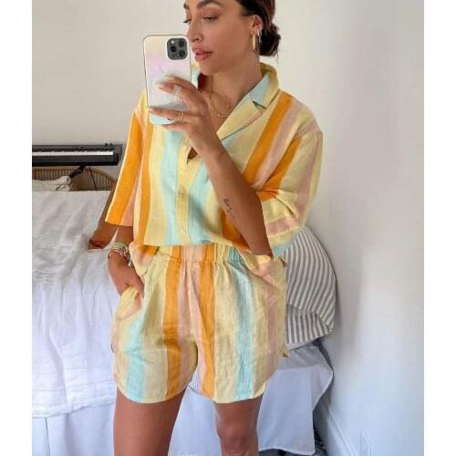 JUNWU Summer Womens Orange Rainbow Vertical Stripes Elastic Waist Shorts Pocket Design Loose Casual Comfortable British Style