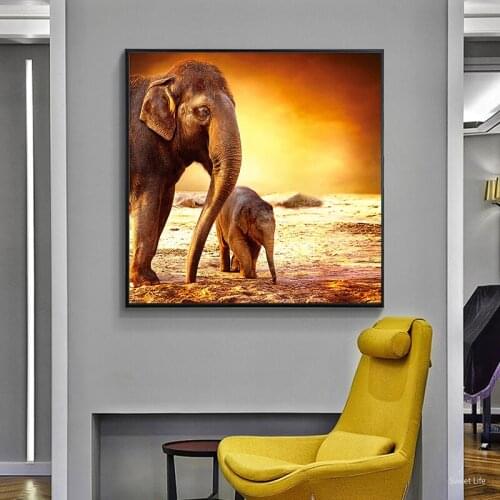 Nordic Painting Canvas Wall Art Cute Elephant Mother and Baby Sunset Art Fantasy Pictures Poster for Living Room Decoration
