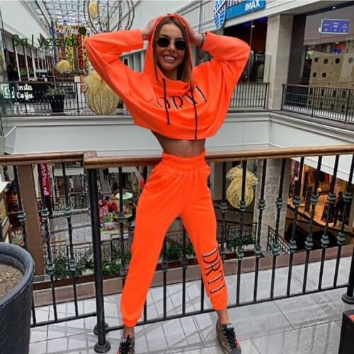 Orange Green Two Piece Oversized Hooded Sweatshirt and Sweatpants Set Women Two Pieces Sets 2019 Autumn Sportswear Two Piece Set