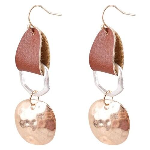 Hammered Fashion Chic Metallic Dangle Drops Circle Earrings Hammered Metallic Leather Drops Earrings