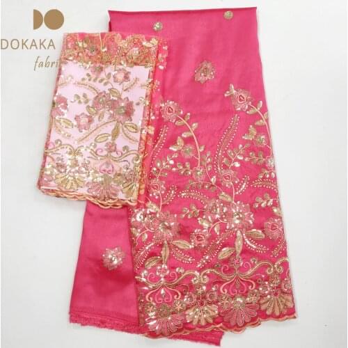 Pink Color African George Lace Fabric With Blouse New Sequined Embroidered George Silk Fabric With 2 Yards Net Laces For Garment