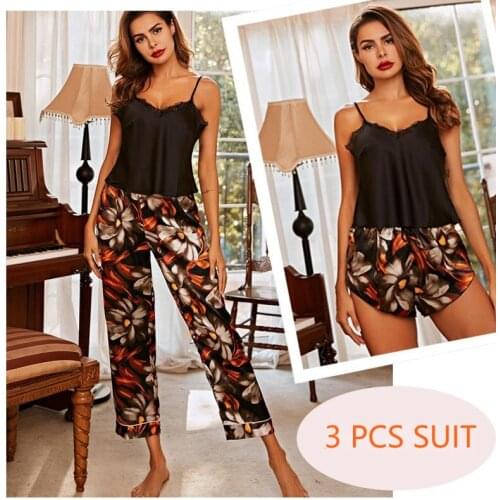 Lisacmvpnel Flower Print Womens Imitation Silk Three Piece Set Pyjamas Autumn And Winter Pajamas Black Suspender Nightwear