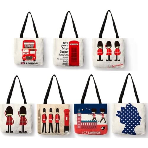 Fashion London Design Handbags Luxury Women Girls Linen Tote Bags Telephone Bus Print Folding Beach Students Book Bag B10094