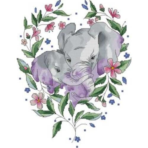 Elephant mother and child in a wreath counted 11 14 18CT DIY Cross Stitch Sets wholesale Cross-stitch Kits Embroidery Needlework