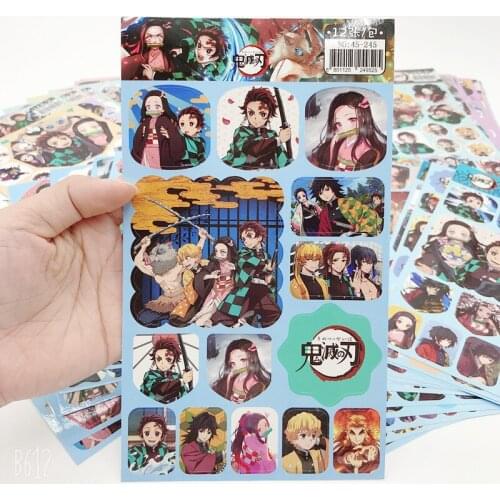 Random 12 Pcs/set Stickers Demon Slayer Cartoon Figure Kimetsu No Yaiba Kamado Tanjirou Nezuko Hashibira Inosuke Notebook Sticke