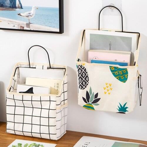 Lattice Wall Hanging Storage Bag Sundries Cosmetic Organizer Pocket Storage Basket Cotton Linen Bathroom Magazine Canvas Bag