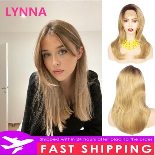 New 150% Straight Ombre Synthetic Hair Wig For Women Honey Blonde Lace Front Fiber wigs Natural Middle Hairline Cosplay Party