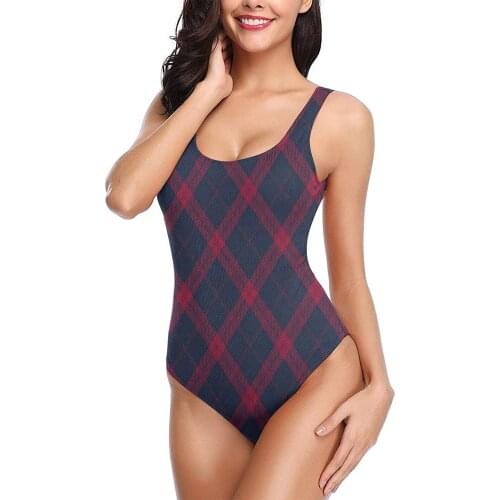 New High Cut Swimwear One-Piece Sexy Athletic Swimsuits Teen Girls Youth Navy Red Plaid Rustic Christmas