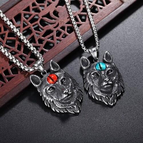 Retro Viking Stainless Steel Wolf Head Necklace Mens Demon Eye Pendant Punk Trendy Male Hip Hop Pendant Domineering Jewelry