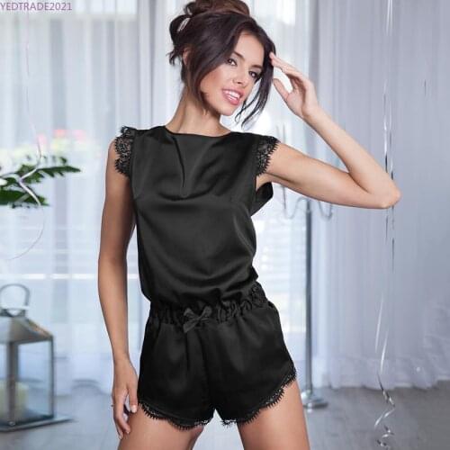 Black Lace Pijamas Women Sexy Onesie Splicing Satin Sleepwear Backless Hollow Out Playsuit Bow Onesies Pajamas Romper 2020