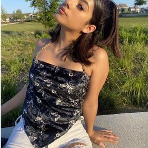 Butterfly Print Cropped Top Women Chain Halter Cami Ladies Backless Bustier Y2K Sexy Tank Top Black Spaghetti Straps Tops
