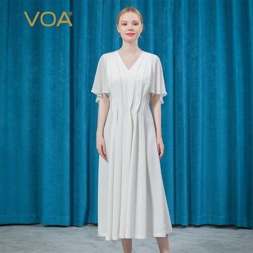 VOA High Quality Luxury White Silk Dress AE860 V-neck Butterfly Sleeve Elegant Banquet Summer Maxi Dresses for Women