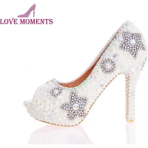 Ivory Pearl Wedding Shoes Peep Toe 2018 New Design Handmade Bridal Shoes Formal Dress Shoes Star Rhinestone Party Prom Pumps