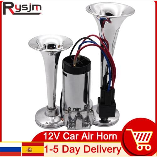 Universal 2 Trumpet Electronic Chrome Air Horn sound signal 12v Car Truck Boat Busses Air Compressor train horn loud speaker