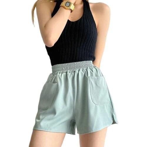 AFEENYRK Women Casual Patchwork Pockets Summer Loose Shorts Femme Green Black White Elastic Waist Ribbon Pantalone Cortos KX046