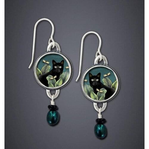 Mysterious Black Cat Earrings for Women Creative Jewelry Round Painting Dog Animal Green Leaves Blue Pearl Pendant Drop Earrings