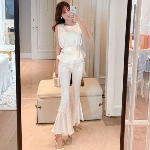 New arrival fashion white satin laceup women summer OL temperament sleeveless shirt and pearl flared pants slim two piece set