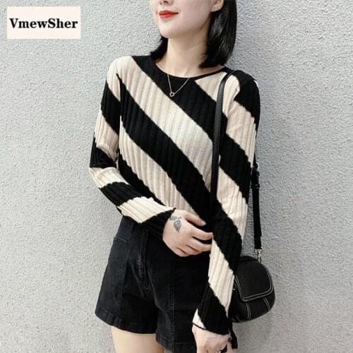 VmewSher Stripe Women Sweater Fall Winter New Knitted Top Elastic Pullover Slim Long Sleeve O-neck Thread Lady Elegant Jumper