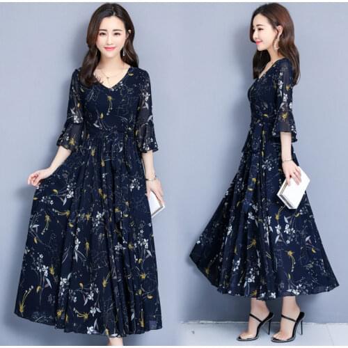 Large Size 5XL Clothes Summer Women 2021 New Long Dress Floral Chiffon Beach Big Swing Female 3/4 Sleeve Dress Vestidos zh1355