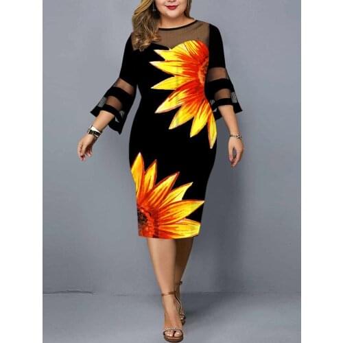 Plus Size Dresses 2021 Autumn Elegant Floral Printed Evening Party Dress High Quality Mesh Stitching Women Casual Dress 4XL 5XL