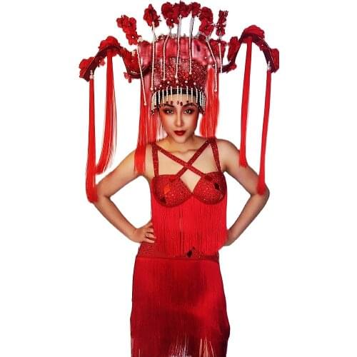 Red Tassel Dresses Backless Sleeveless Performance Clothing Performance Suit Personality Fringe Headwear Womens Party Clothing