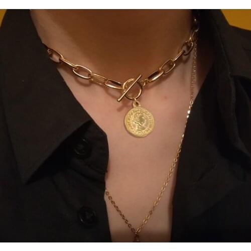 Vintage Carved Coin Necklace For Women Stainless Steel Gold Color Medallion Pendant Necklace Long Choker Boho Jewelry Collier